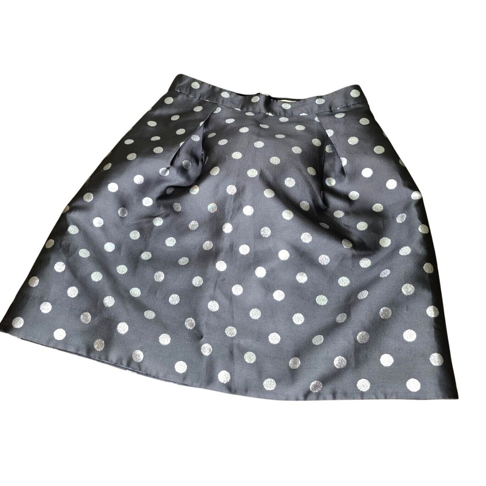 J. Crew Black Pleated Mini Skirt A Line Metallic Polka Dots Pockets SZ 0 K2